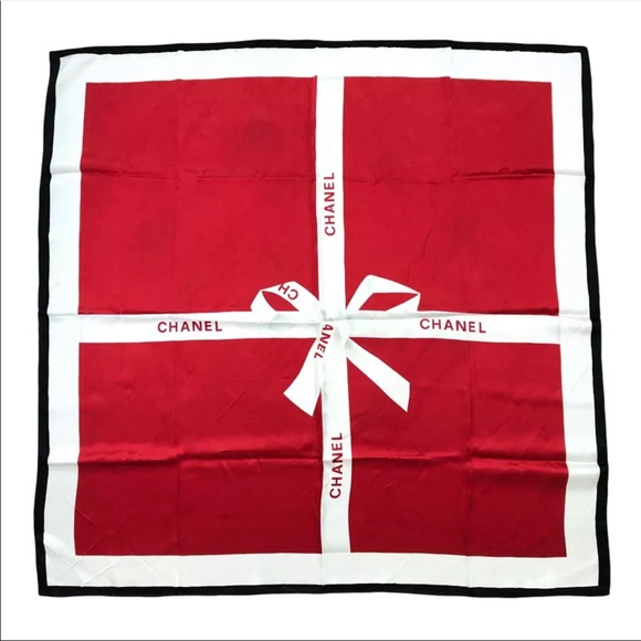 Auth Chanel Vintage Logo Silk Square Scarf Gift Red Ribbon 35 inch Authentic - Picture 4 of 15